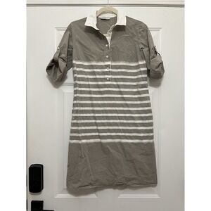 Rosso 35 Genova Tan Pinstripe Henley A-Line Knee Shirt Dress Size Medium 42